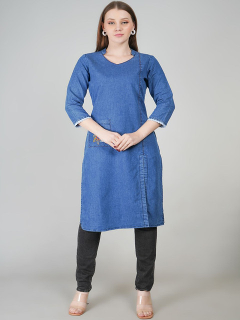 VG5 Women Ethnic Motifs Embroidered V-Neck Thread Work Denim Straight Kurti