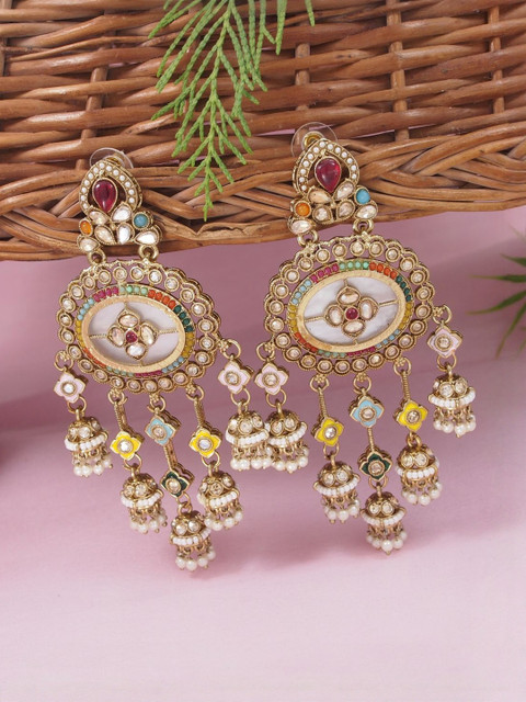 I Jewels Women Gold Plated Kundan Studded & Beaded Drop Earrings