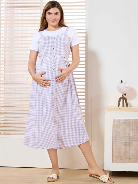 EASY MOM Checked Maternity Pinafore Midi Dress