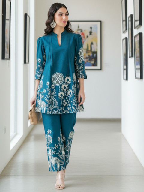 JISORA Women's Blue Printed Cotton Co-ord Set