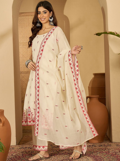 Sangria Embroidered Pure Cotton Shoulder Straps Kurta With Trousers & Dupatta - Image 3