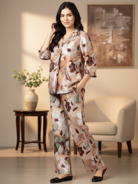 Bannos Swagger Floral Printed Shawl Neck Top With Printed Trousers