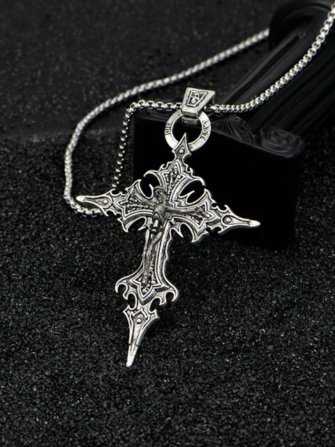 PIXFLIK Unisex Silver-Plated Jesus Cross Stainless Steel Chain