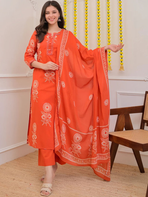 KALINI Women Ethnic Motifs Printed Regular Mirror Work Pure Cotton Kurta with Trousers & With Dupatta