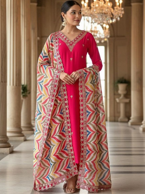 SZN Women Ethnic Motifs Embroidered Regular Thread Work Kurta with Trousers & With Dupatta