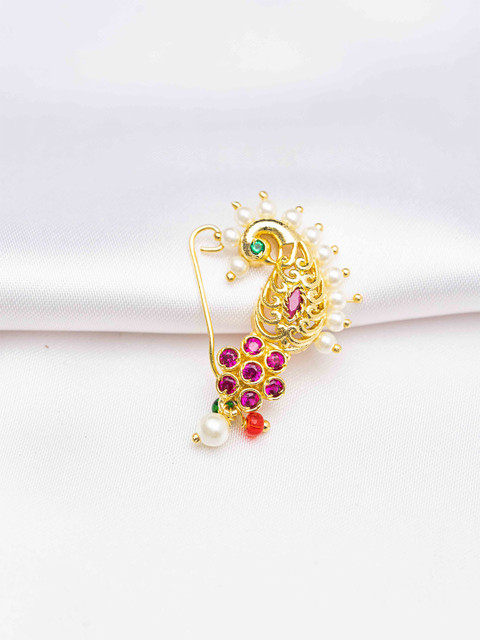 Zeraki Jewels Women Gold-Plated Artificial Stones and Beads Ring Nosepin