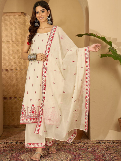 Sangria Embroidered Pure Cotton Shoulder Straps Kurta With Trousers & Dupatta - Image 4