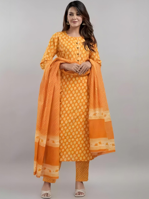 KAUTHAMEE Women Ethnic Motifs Printed Regular Kurta with Trousers & With Dupatta