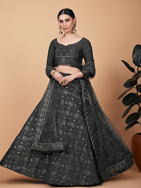 ODETTE Embroidered Sequinned Semi-Stitched Lehenga & Blouse With Dupatta