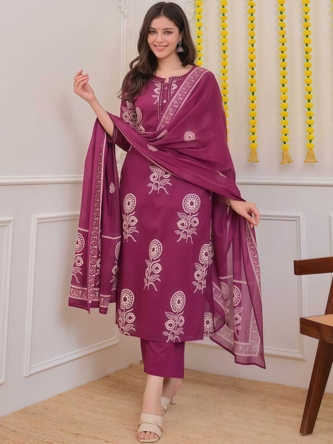 KALINI Women Ethnic Motifs Printed Regular Pure Cotton Kurta with Trousers & With Dupatta