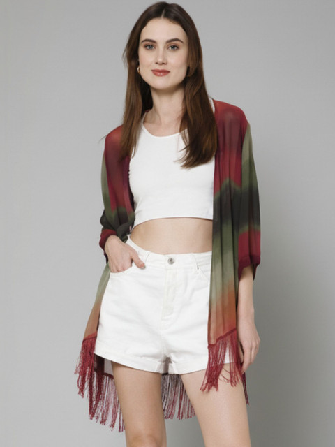 PURYS Women Colourblocked V-Neck Longline Shrug With Tasselled Border