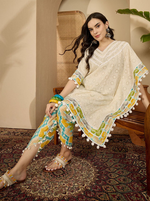 Sangria Schiffli Self Design Cotton V-Neck Kaftan Kurta & Dhoti Pant