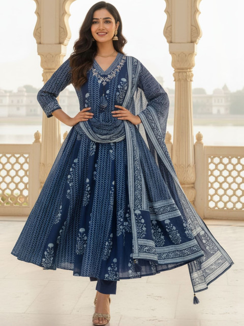 SZN Women Ethnic Motifs Printed Panelled Thread Work Kurta with Trousers & With Dupatta