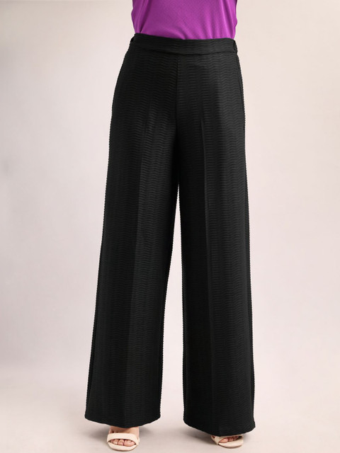 PURVAJA Women Textured Relaxed Straight Leg Loose Fit High-Rise Easy Wash Trousers