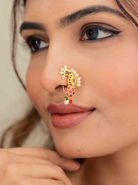 Zeraki Jewels Women Gold-Plated Artificial Stones and Beads Ring Nosepin - Image 3