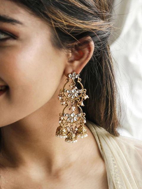 Fida Gold-Plated Artificial Stones Studded And Beaded Dome Shaped Jhumkas