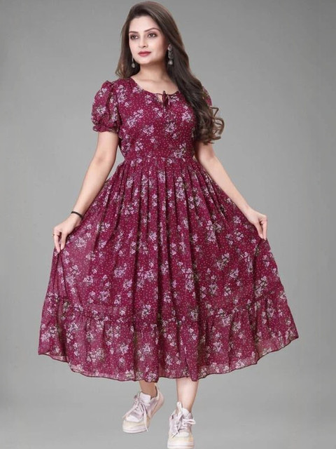 MARUTINANDAN IMPEX Floral Print Puff Sleeve Georgette A-Line Midi Dress