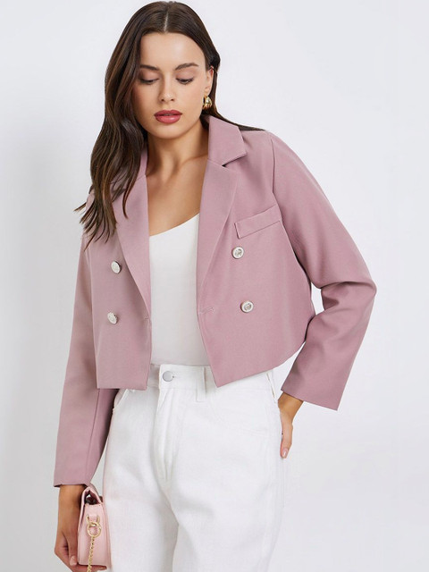 Styli Notched Lapel Double-Breasted Crop Blazer