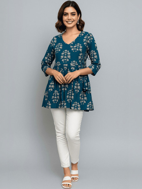 DIGITAL SHOPEE Floral Printed V-Neck Pure Cotton Angrakha Kurti