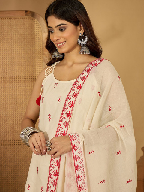 Sangria Embroidered Pure Cotton Shoulder Straps Kurta With Trousers & Dupatta - Image 6