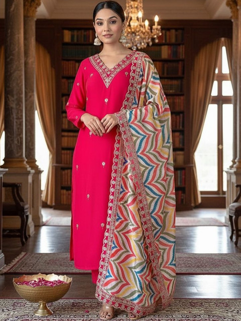 SZN Women Ethnic Motifs Embroidered Regular Thread Work Kurta with Trousers & With Dupatta - Image 3