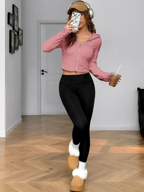 Stylecast X Slyck Women Solid Hooded Zip-Front Fur Jacket