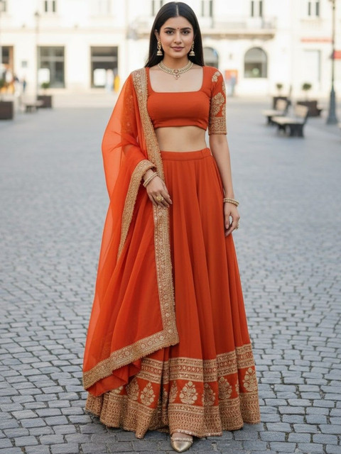 JIHU CULTURE Embroidered Thread Work Semi-Stitched Lehenga & Blouse With Dupatta