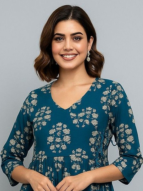 DIGITAL SHOPEE Floral Printed V-Neck Pure Cotton Angrakha Kurti - Image 4