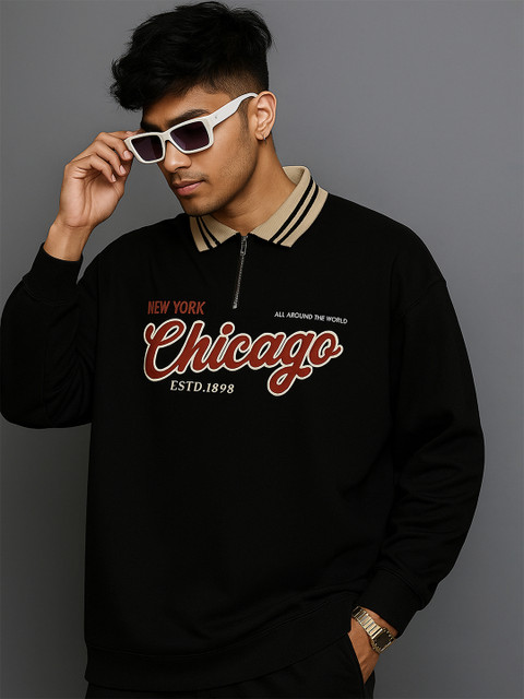 JUMPCUTS Men Typography Printed Polo Collar Cotton Oversized T-shirt