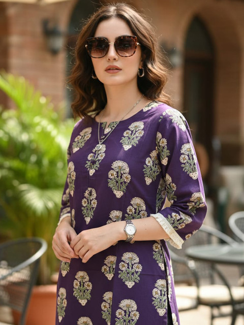 Rimeline Floral Screen Printed Notch Neck Pure Cotton Straight Kurta