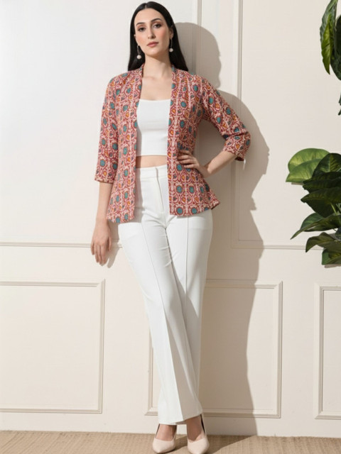 Sangria Women Floral Printed Cotton Open Front Shrug