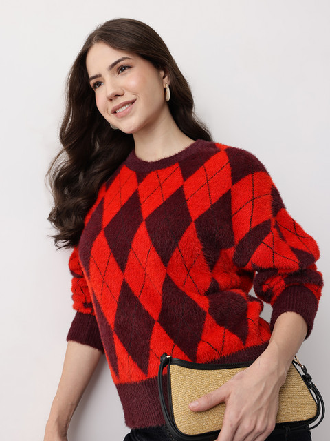 Mast & Harbour Argyle Self Design Drop-Shoulder Sleeves Pullover