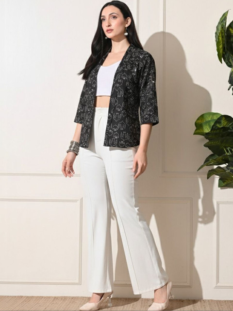 Sangria Ethnic Motifs Printed Cotton Open Front Shrug