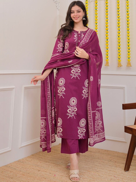Dholiwal Fashion Ethnic Motifs Printed Regular Mirror Work Kurta with Trousers & Dupatta