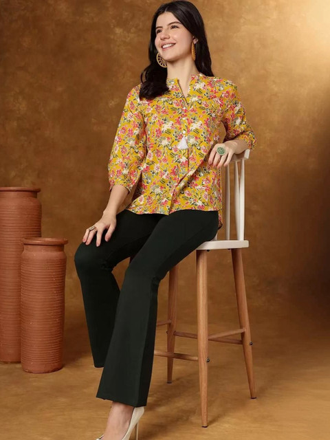 AAFAMI Floral Print Mandarin Collar Cotton Top