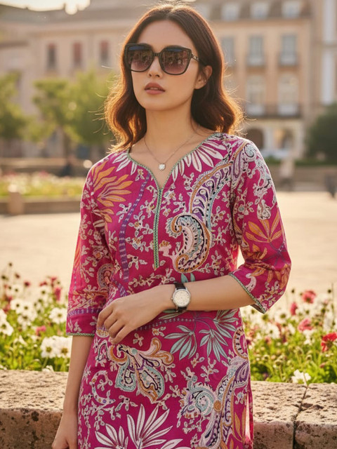 Rimeline Floral Screen Printed Sweetheart Neck Pure Cotton Straight Kurta