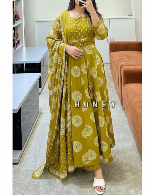 ROOTSOUL Women Ethnic Motifs Printed Panelled Mirror Work Kurta with Trousers & With Dupatta