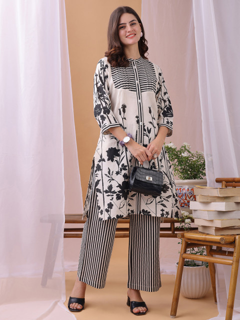 KALINI Printed Pure Cotton Mandarin Collar Top With Trousers Co-Ords