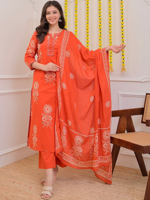 Dholiwal Fashion Women Floral Printed Regular Mirror Work Kurta with Trousers & Dupatta