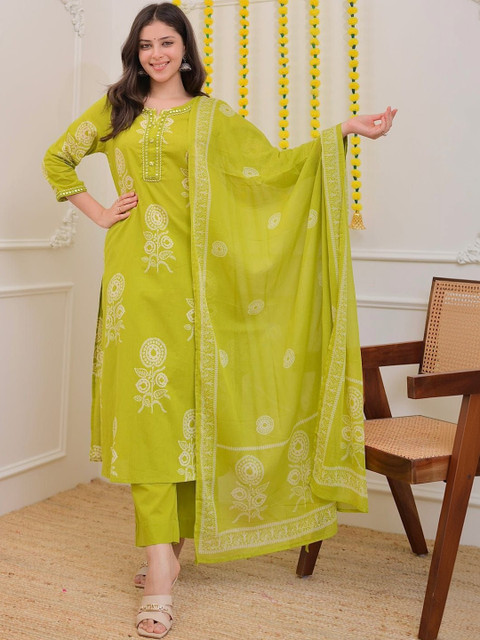 Dholiwal Fashion Ethnic Motifs Printed Regular Mirror Work Kurta with Trousers & Dupatta