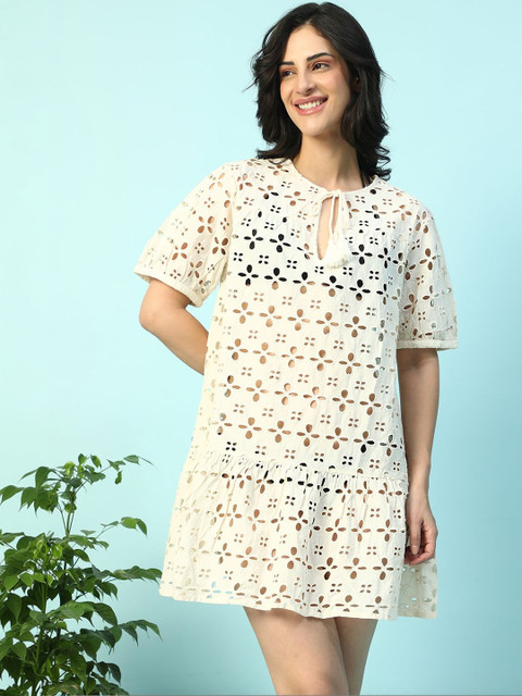 Oxolloxo Schiffly Embroidered Round Neck Short Sleeve Cotton Beachwear Dress