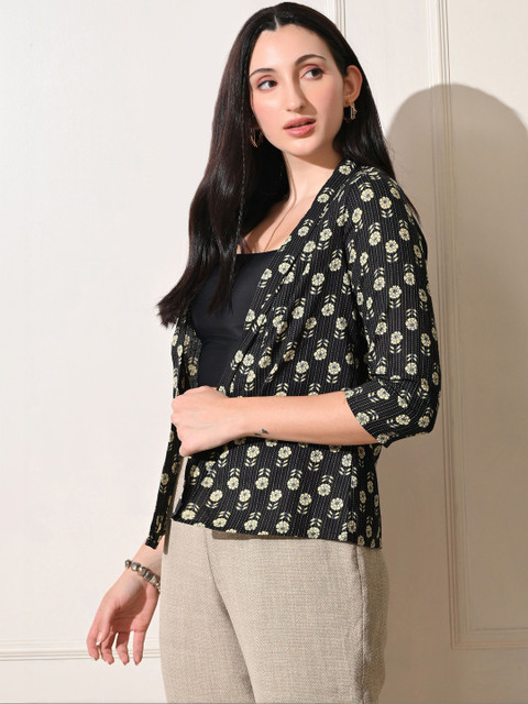 KALINI Women Floral Printed Shawl Collared Open Front Shrug