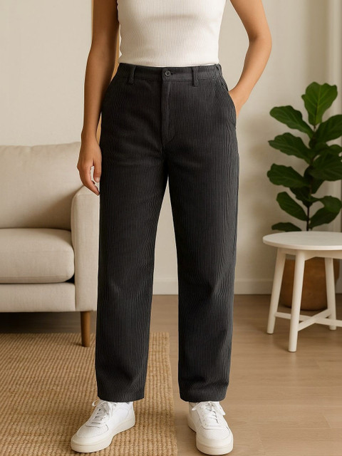 SONA Women Striped Relaxed Straight Leg Straight Fit High-Rise Corduroy Trousers