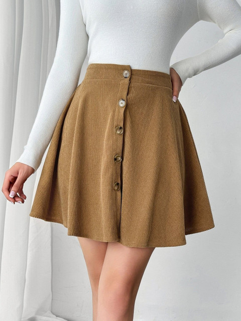 Outzidr High Waist Front Button Above-Knee Skirt