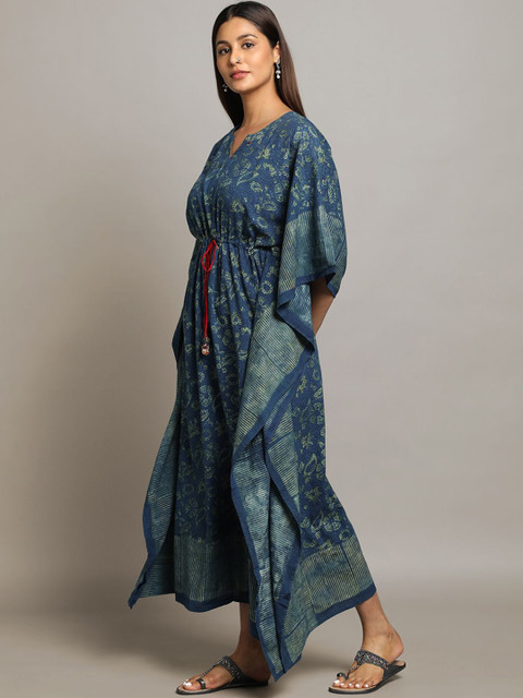 Taavi Ajrakh Printed Cotton Round Neck Kaftan Dress - Image 4