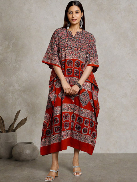 Taavi Women Ajrakh Printed Batwing Sleeve Kaftan Midi Dress