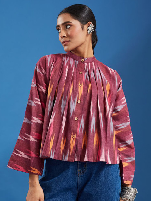 Taavi Women Printed Pure Cotton Mandarin Collar Flared Sleeve Shirt Style Top