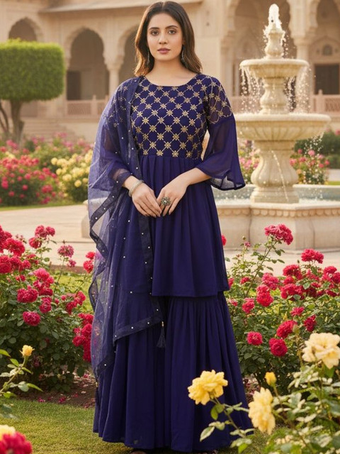 SZN Women Ethnic Motifs Embroidered Tiered Thread Work Kurta with Sharara & With Dupatta