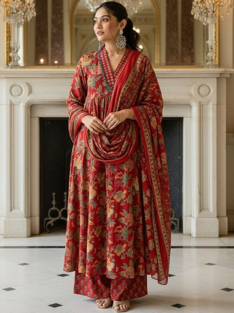 SZN Women Floral Printed Empire Thread Work Kurta with Palazzos & With Dupatta