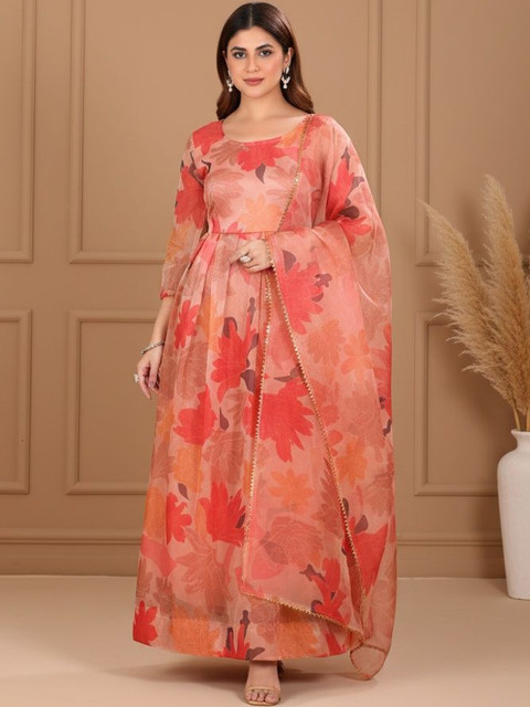 SZN Women Floral Printed Round Neck Organza Fit and Flare Ethnic Dresses with Dupatta